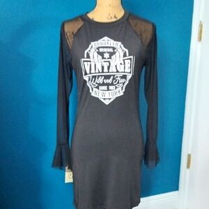 Black Vintage Brooklyn New York Sheer Long Sleeve Dress